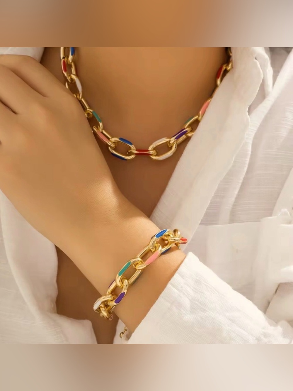 Anthropologie Gold and Multicolor tone
Chain Necklace Bracelet set. - Picture 3 of 7
